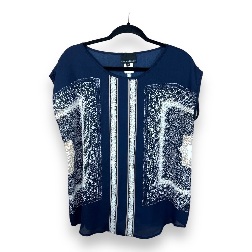 CYNTHIA ROWLEY MEDIUM BLUE BLOUSE BOHO SEMI SHEER BOHEMIAN LIGHTWEIGHT